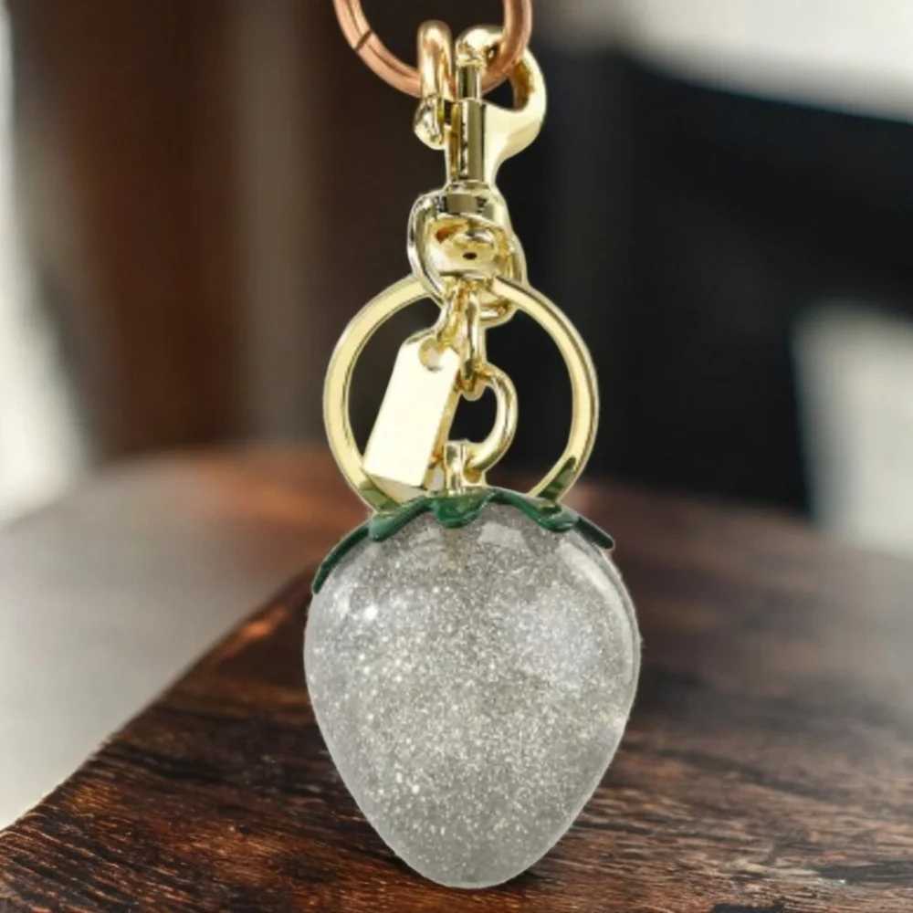 Grey Silver Glitter Strawberry Bag Charm Keychain | Gold Tone Purse Charm